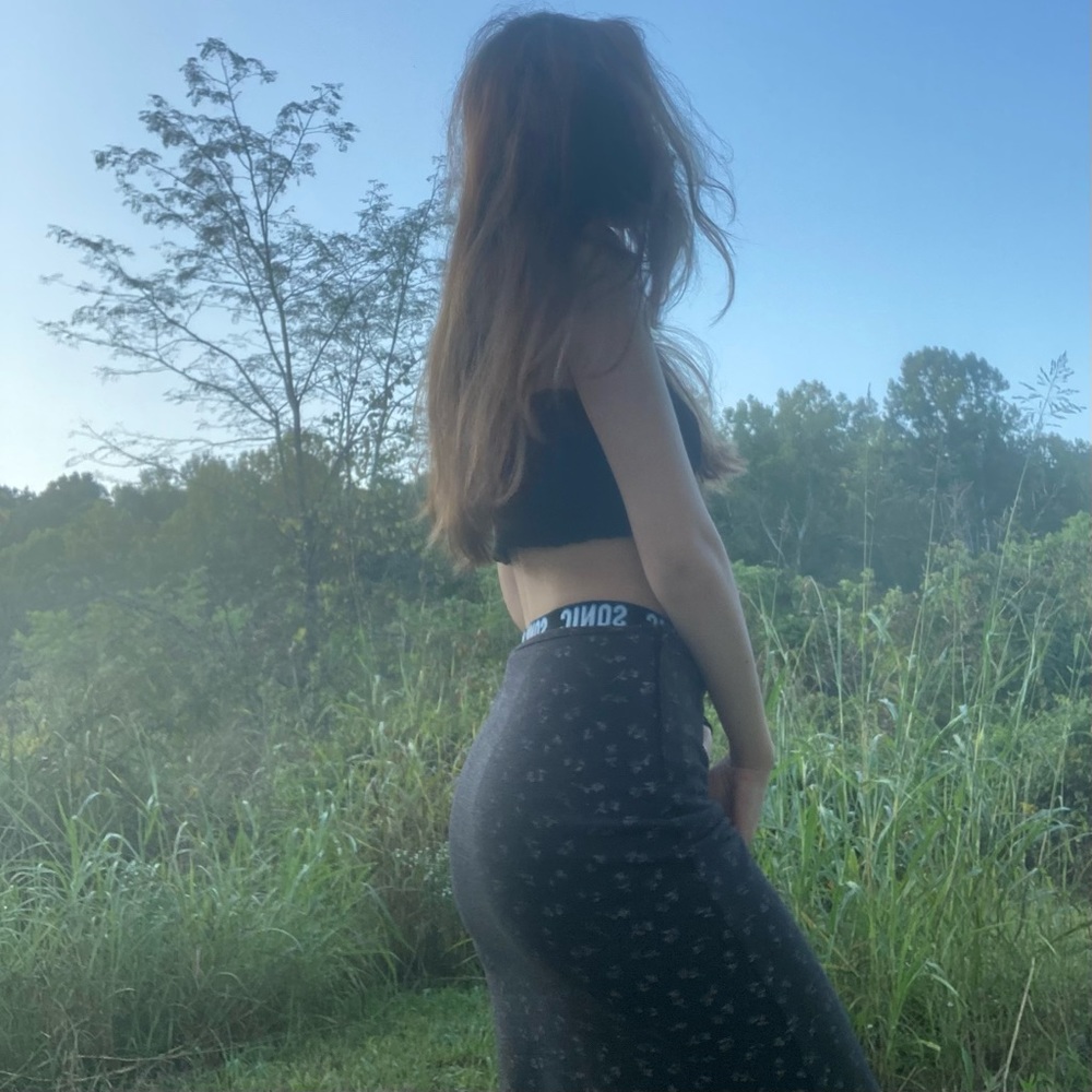 Gray Midi Skirt w/t Slit+ White Flower Print !